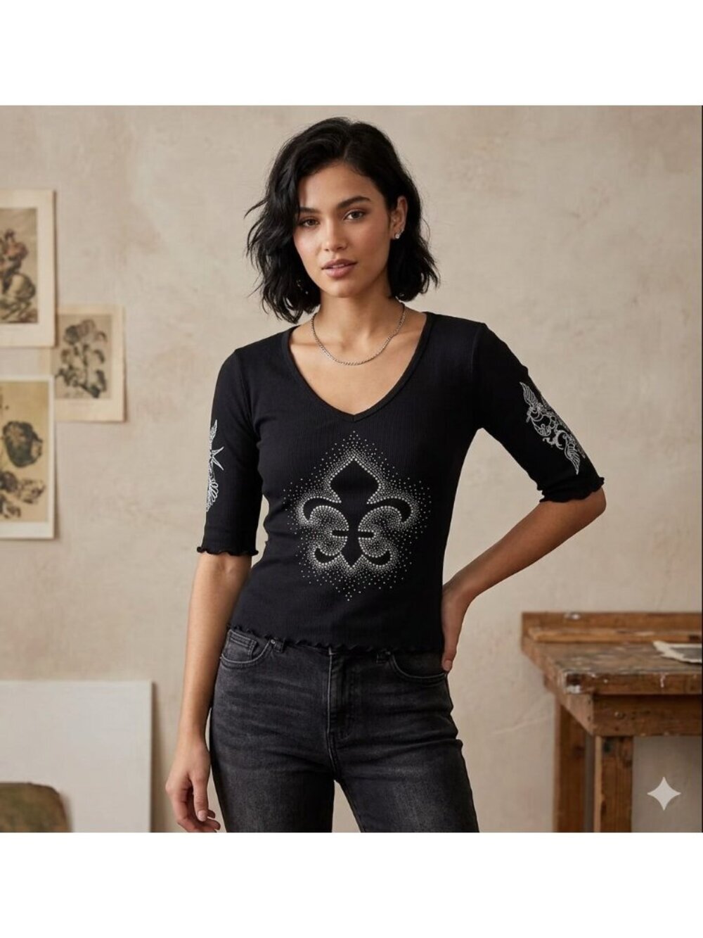 Freedom Womens‎ Ribbed Shirt Medium Jeweled Fleur De Lis Rock Grunge Biker